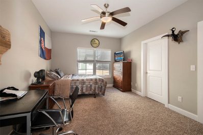 Carpeted bedroom with desk, dresser, and television