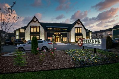 Exterior of our leasing office at night