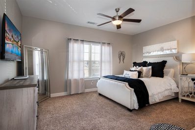 Carpeted bedroom interior with large bed