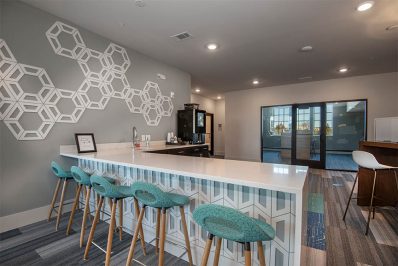 Countertop seating with blue chairs
