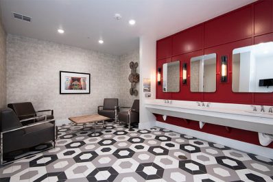 Bathroom with hexagonal flooring pattern