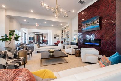 Lounge seating with electric fire place and large television