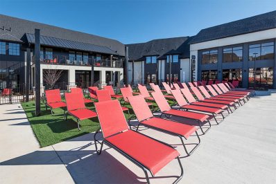 Red pool deck lounge seating